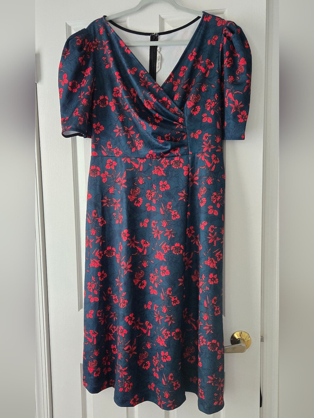 Teal Red Floral Wrap Midi Dress Puff Sleeve Party Wedding - Picture 2 of 6